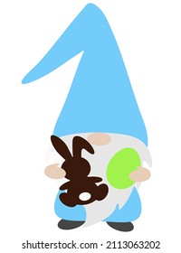 Easter Gnome with eggs and chocolate bunny . Vector illustration isolated on white.