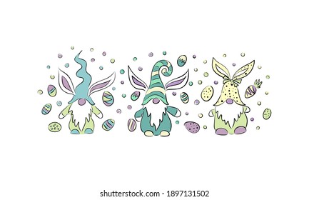 Easter gnome eggs drawn in doodle style on a white background. Isolated vector illustrations. Cartoon flat vector illustration. Holiday season design set. Cut with pastels and drawing. Festive decor