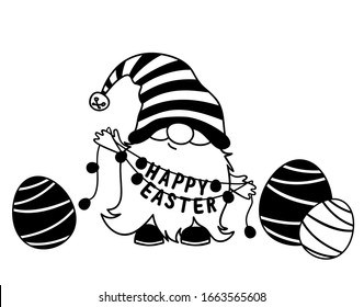 Easter gnome with eggs and Happy Easter garland. Black and white vector illustration for cards, mugs, decor, shirt design, invitations.