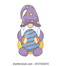 Easter gnome.  Gnomes. Easter dwarf with egg. vector illustration banner design cute gnomes for Easter and spring. Doodle cartoon style.