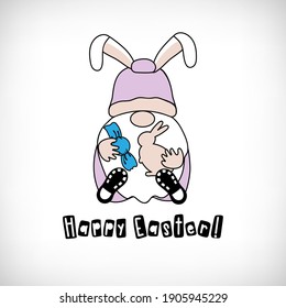 Easter Gnome holding candy, rabbit, quote Happy Easter on white background. Scandinavian Nordic Gnome with bunny ears. Cute easter gnomes collection. Sitting dwarf for greeting card, t shirt print.