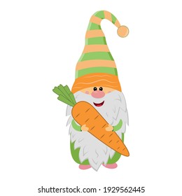 Easter gnome holding a carrot, cute character, vector illustration, clipart, scrapbooking, holiday design
