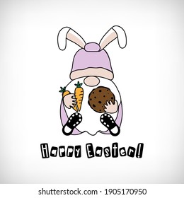 Easter Gnome holding carrots, cookie, quote Happy Easter on white background. Scandinavian Nordic Gnome with bunny ears. Cute easter gnomes collection. Sitting dwarf for greeting card, t shirt print.