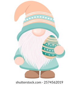 Easter gnome holding a colorful egg, perfect for festive holiday designs, seasonal decor, crafts, and digital projects. Celebrate Easter with this charming and cheerful illustration!