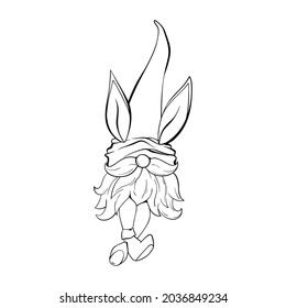 Easter Gnome with rabbit ears, contour drawing illustration. Print design, hand drawn line art style