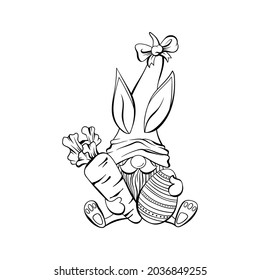 Easter Gnome with rabbit ears, contour drawing illustration. Print design, hand drawn line art style