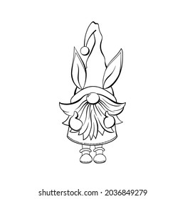 Easter Gnome with rabbit ears, contour drawing illustration. Print design, hand drawn line art style