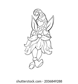 Easter Gnome with rabbit ears, contour drawing illustration. Print design, hand drawn line art style