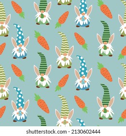 Easter gnome seamless pattern  holding eggs with carrots on blue background. Great for easter greeting cards, gift wrapping paper and textile 