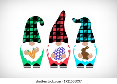 Easter Gnome set on white background. Scandinavian Nordic Gnomes with buffalo plaid hat. Cute gnomes in checkered patterned costume. Buffalo plaid Gnomes for greeting card, t shirt print, web design.
