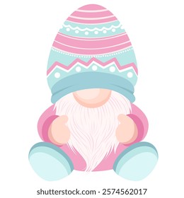 Easter gnome wearing an egg-shaped hat, perfect for festive holiday designs, spring decor, crafts, and digital projects. Celebrate Easter with this cute and charming illustration