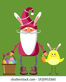 Easter gnomes with basket of eggs and yellow chicken. Vector illustration for cards, mugs, decor, shirt design, invitations.