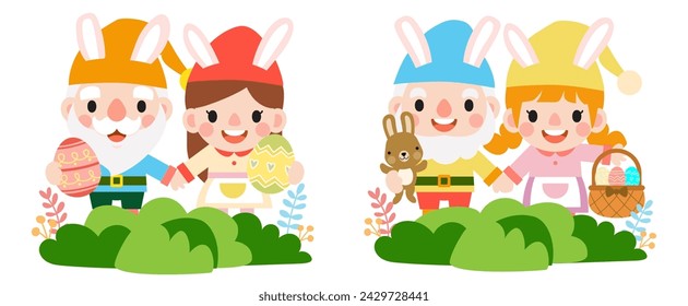Easter gnomes with bunny rabbit ears, Cute woman wearing bunny ears and Easter eggs