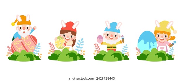 Los gnomos de Pascua con orejas de conejo conejito, mujer linda que lleva orejas de conejito y huevos de Pascua