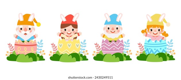 Ostern Zwerge mit Häschen Kaninchenohren, Niedliche Frau trägt Häschen Ohren und Ostereier