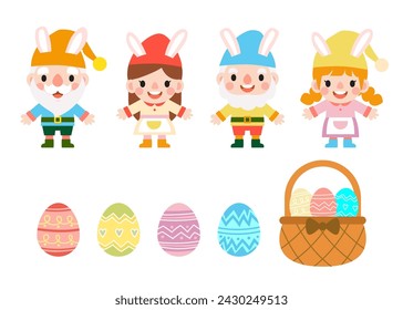 Easter gnomes with bunny rabbit ears, Cute woman wearing bunny ears and Easter eggs
