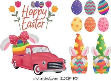 Pascua Gnomes Clipart, Bunny Gnomes, Huevos de Pascua, Camión de Pascua, Gnomes de Acuarela