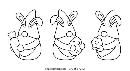 Página de Coloração e Conjunto de Modelos de Gnomos da Páscoa.
Espiral bonito Gnomes Outline Vetor Ilustração para crianças.
Fundo branco.