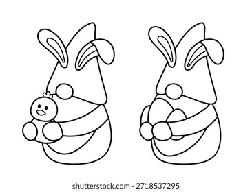 Página de Coloração e Conjunto de Modelos de Gnomos da Páscoa.
Espiral bonito Gnomes Outline Vetor Ilustração para crianças.
Fundo branco.
