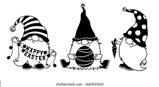 Easter gnomes with egg, carrot and Happy Easter garland. Monochrome vector illustration for cards, mugs, decor, shirt design, invitations.