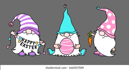 Easter gnomes with egg, carrot and Happy Easter garland. Color vector illustration for cards, mugs, decor, shirt design, invitations.