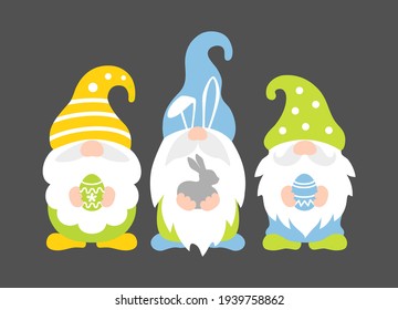 Easter gnomes with eggs and bunny. Vector illustration. Easter card.