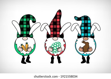 Easter Gnomes on white background. Scandinavian Nordic Gnomes with buffalo plaid hat. Funny gnomes in checkered patterned costume. Buffalo plaid Gnomes for greeting card, t shirt print, web design.
