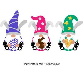 Easter Gnomes set with chocolate rabbit, carrots, easter egg. Scandinavian Nordic Gnome with bunny ears. Cute gnomes collection. Sitting dwarf for Easter greeting card, t shirt print.