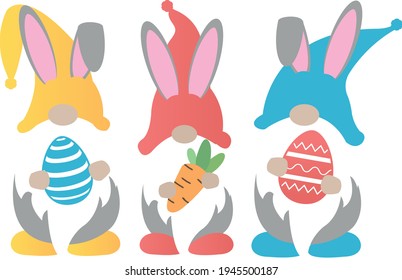 Easter gnomes Svg vector Illustration isolated on white background. Easter 
bunny gnome with easter eggs for Cricut and Silhouette.Scfndinavian gnome with easter elements for shirt and scrapbooking. svg
