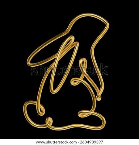 Easter gold bunny shaped from a single continuous wire in 3D line art, isolated on black. Metallic illustration concept for holiday decor or branding