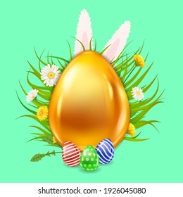Easter Gold Egg banner template. Golden shine decorated, painted eggs, rabbit ears, colorful spring flowers chamomile, dandelions. Spring holiday poster