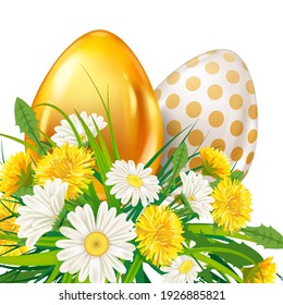 Easter Gold Egg banner template. Golden shine decorated, painted eggs, colorful spring flowers chamomile, dandelions. Spring holiday poster
