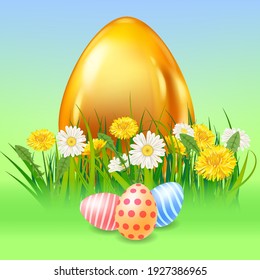 Easter Gold Egg banner template. Golden shine decorated, painted eggs, colorful spring flowers chamomile, dandelions. Spring holiday poster