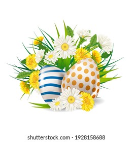 Plantilla de banner de Huevo de Oro de Pascua. Brillo dorado decorado, huevos pintados, flores de primavera coloridas camomila, dientes de león. Afiche de las fiestas de primavera