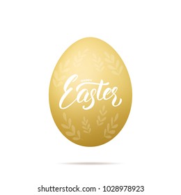 Easter. Gold egg with ornament and Happy Easter lettering. Easter holiday design element