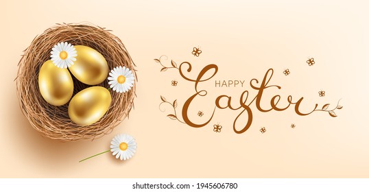 Easter gold eggs in bird's nest on light background, vector poster or banner, easter day greeting card, lettering happy easter, elements for design.