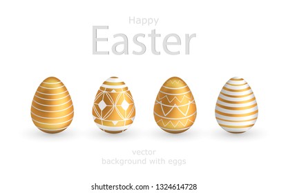 Easter gold eggs set isolated on transparent background. Vector template illustration greeting card, ad, promotion, poster, flyer, web-banner, background and posters with promotional discount offers. 