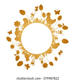 Easter gold frame of grass and flowers with chickens, birds, butterflies, bees and Easter eggs.Easter vector illustration on white background. 