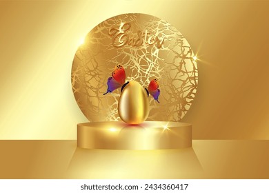 Easter gold podium and realistic golden egg with luxury colorful butterflies, Happy Easter day platform for product display. stand to show products. Stage podium, pedestal display luxury background