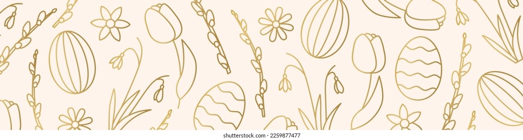 Easter golden banner with tulips, snowdrops, willow catkins branches and eggs - vector illustration