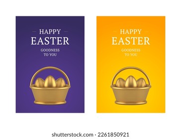 Easter golden basket painted chicken eggs 3d greeting card set design template realistic vector illustration. Festive religious holiday congratulations premium metallic present traditional treat