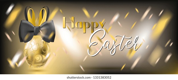 Easter Golden Egg with Bunny Bow and confetti on the gala black background. Banner for solemn greeting