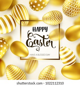 Easter golden egg with calligraphic lettering, greetings. Traditional spring holidays in April or March. Sunday. Eggs and gold.