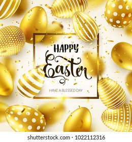Easter golden egg with calligraphic lettering, greetings. Traditional spring holidays in April or March. Sunday. Eggs and gold.