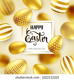 Easter golden egg with calligraphic lettering, greetings. Traditional spring holidays in April or March. Sunday. Eggs and gold.