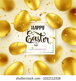 Easter golden egg with calligraphic lettering, greetings. Confetti and ribbon.Traditional spring holidays in April or March. Sunday. Eggs and gold.