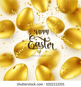 Easter golden egg with calligraphic lettering, greetings. Confetti and ribbon.Traditional spring holidays in April or March. Sunday. Eggs and gold.