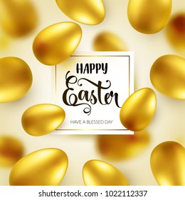 Easter golden egg with calligraphic lettering, greetings. Traditional spring holidays in April or March. Sunday. Eggs and gold.