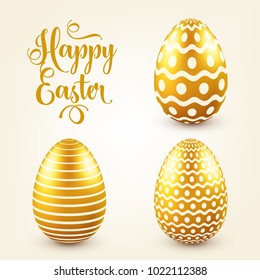 Easter golden egg with calligraphic lettering, greetings. Traditional spring holidays in April or March. Sunday. Eggs and gold.