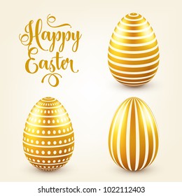 Easter golden egg with calligraphic lettering, greetings. Traditional spring holidays in April or March. Sunday. Eggs and gold.
